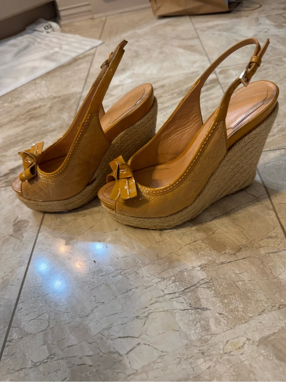 Vintage Christian Dior Mustard Yellow Peep-Toe Espadrille Wedges with Bow